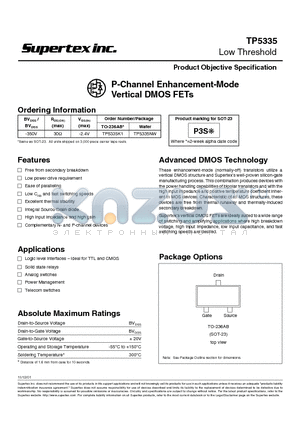 TP5335K1 datasheet - P-Channel Enhancement-Mode Vertical DMOS FETs