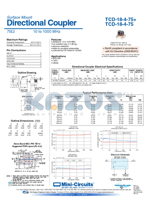 TCD-18-4-75 datasheet - Directional Coupler 75Y 10 to 1000 MHz