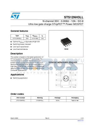 S12NH3LL datasheet - N-channel 30V - 0.008ohm - 12A - SO-8  Ultra low gate charge STripFET TM Power MOSFET