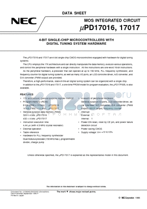 UPD17017 datasheet - 4-BIT SINGLE-CHIP MICROCONTROLLERS WITH DIGITAL TUNING SYSTEM HARDWARE