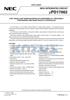 UPD17062GC datasheet - 4-BIT SINGLE-CHIP MICROCONTROLLER CONTAINING PLL FREQUENCY SYNTHESIZER AND IMAGE DISPLAY CONTROLLER