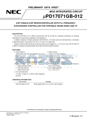 UPD17071GB-012 datasheet - 4-BIT SINGLE-CHIP MICROCONTROLLER WITH PLL FREQUENCY SYNTHESIZER CONTROLLER FOR PORTABLE FM/AM RADIO AND TV