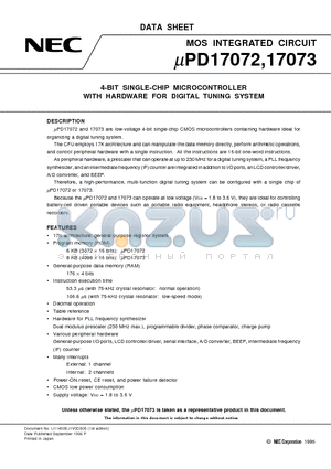 UPD17072 datasheet - 4-BIT SINGLE-CHIP MICROCONTROLLER WITH HARDWARE FOR DIGITAL TUNING SYSTEM