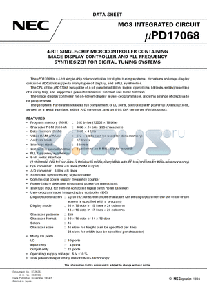 UPD17068 datasheet - 4-BIT SINGLE-CHIP MICROCONTROLLER CONTAINING IMAGE DISPLAY CONTROLLER AND PLL FREQUENCY SYNTHESIZER FOR DIGITAL TUNING SYSTEMS