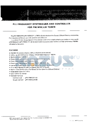 UPD1708AG-011 datasheet - PLL FREQUENCY SYNTHESIZER AND CONTROLLER FOR FM/MW/LW TUNER