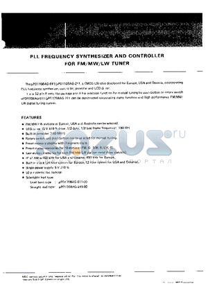 UPD1708AG-011-00 datasheet - PLL FREQUENCY SYNTHESIZER AND CONTROLLER FOR FM/MW/LW TUNER