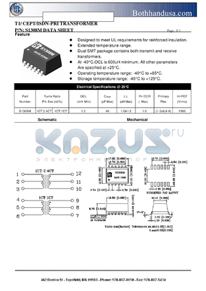 S1308M datasheet - T1/ CEPT/ISDN-PRI TRANSFORMER