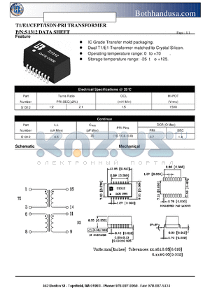 S1312 datasheet - T1/E1/CEPT/ISDN-PRI TRANSFORMER