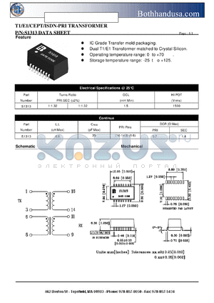 S1313 datasheet - T1/E1/CEPT/ISDN-PRI TRANSFORMER