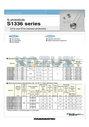 S1336-18BK datasheet - Si photodiode UV to near IR for precision photometry