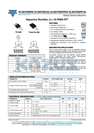 VS-30CTH02FP-N3 datasheet - Hyperfast Rectifier, 2 x 15 FRED Pt^