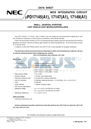 UPD17145 datasheet - SMALL, GENERAL-PURPOSE 4-BIT SINGLE-CHIP MICROCONTROLLERS