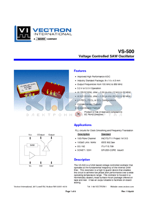 VS-500 datasheet - Voltage Controlled SAW Oscillator