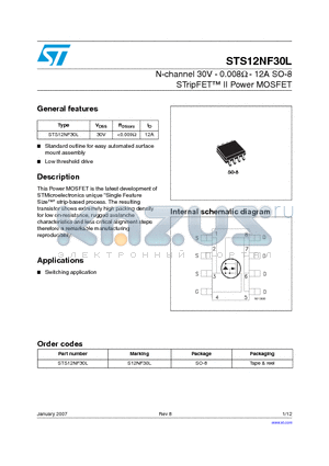 S12NF30L datasheet - N-channel 30V - 0.008ohm - 12A SO-8 STripFET II Power MOSFET