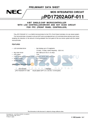 UPD17202AGF-011-3BE datasheet - 4-BIT SINGLE-CHIP MICROCONTROLLER WITH LCD CONTROLLER/DRIVER AND KEY SCAN CIRCUIT FOR FPC FRONT PANEL CONTROLLER