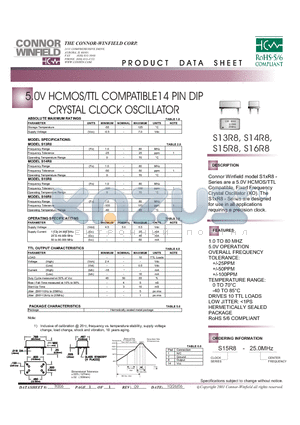 S13R8-25.0M datasheet - 5.0V HCMOS/TTL COMPATIBLE14 PIN DIP CRYSTAL CLOCK OSCILLATOR