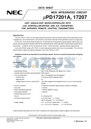 UPD17201A datasheet - 4-BIT SINGLE-CHIP MICROCONTROLLER WITH LCD CONTROLLER/DRIVER AND A/D CONVERTER FOR INFRARED REMOTE CONTROL TRANSMITTERS