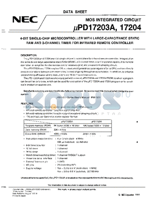 UPD17203A datasheet - 4-BIT SINGLE-CHIP MICROCONTROLLER WITH LARGE-CAPACITANCE STATIC RAM AND 3-CHANNEL TIMER FOR INFRARED REMOTE CONTROLLER