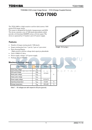 TCD1709D datasheet - TOSHIBA CCD Linear Image Sensor CCD (Charge Coupled Device)