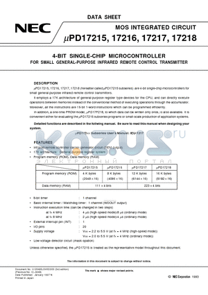 UPD17215CT datasheet - 4-BIT SINGLE-CHIP MICROCONTROLLER FOR SMALL GENERAL-PURPOSE INFRARED REMOTE CONTROL TRANSMITTER