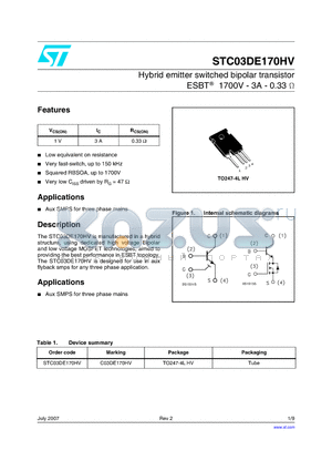 STC03DE170HV datasheet - Hybrid emitter switched bipolar transistor ESBT^ 1700V - 3A - 0.33 W