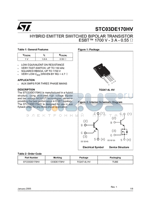 STC03DE170HV datasheet - HYBRID EMITTER SWITCHED BIPOLAR TRANSISTOR ESBT 1700 V - 3 A - 0.55 OHM