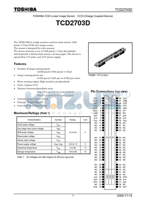 TCD2703D datasheet - CCD Linear Image Sensor CCD (Charge Coupled Device)