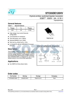 STC05DE120HV datasheet - Hybrid emitter switched bipolar transistor ESBT^ 1200V - 5A - 0.18 ohm