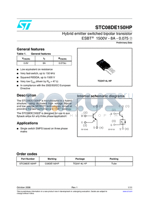 STC08DE150HP datasheet - Hybrid emitter switched bipolar transistor ESBT 1500V - 8A - 0.075 ohm