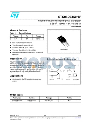 STC08DE150HV datasheet - Hybrid emitter switched bipolar transistor ESBT 1500V - 8A - 0.075 ohm