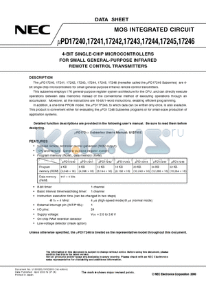 UPD17240MC-XXX-5A4 datasheet - 4-BIT SINGLE-CHIP MICROCONTROLLERS FOR SMALL GENERAL-PURPOSE INFRARED REMOTE CONTROL TRANSMITTERS