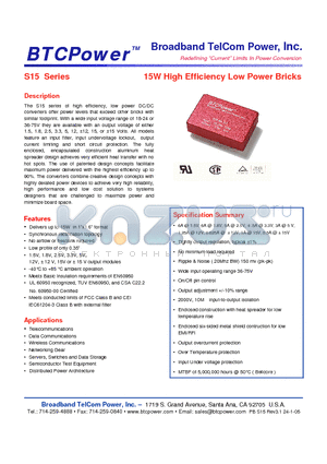 S15-48-12D datasheet - 15W High Efficiency Low Power Bricks