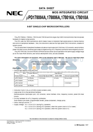 UPD178004A datasheet - 8-BIT SINGLE-CHIP MICROCONTROLLERS
