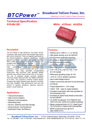 S15-48-12D datasheet - 48Vin a12Vout a0.625A