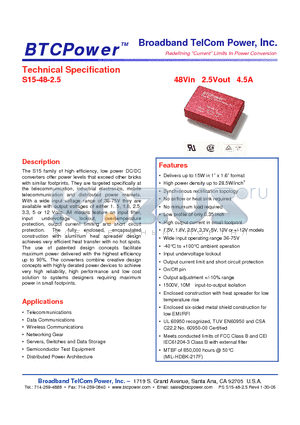 S15-48-2.5 datasheet - 48Vin 2.5Vout 4.5A