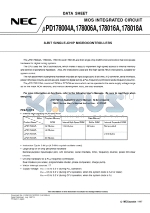 UPD178018A datasheet - 8-BIT SINGLE-CHIP MICROCONTROLLERS