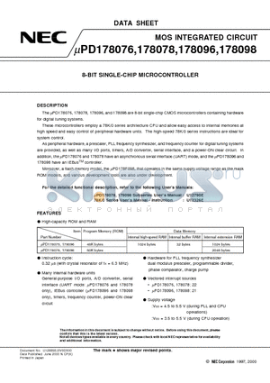 UPD178076 datasheet - 8-BIT SINGLE-CHIP MICROCONTROLLER