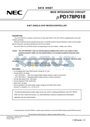 UPD178P018 datasheet - 8-BIT SINGLE-CHIP MICROCONTROLLER