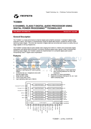 TCD6001 datasheet - 6 CHANNEL CLASS-T DIGITAL AUDIO PROCESSOR USING DIGITAL POWER PROCESSINGTM TECHNOLOGY