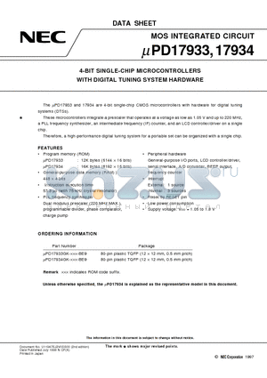 UPD17934 datasheet - 4-BIT SINGLE-CHIP MICROCONTROLLERS WITH DIGITAL TUNING SYSTEM HARDWARE