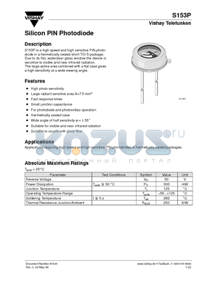 S153P datasheet - Silicon PIN Photodiode