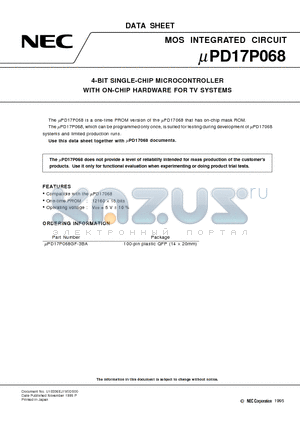 UPD17P068GF-3BA datasheet - 4-BIT SINGLE-CHIP MICROCONTROLLER WITH ON-CHIP HARDWARE FOR TV SYSTEMS