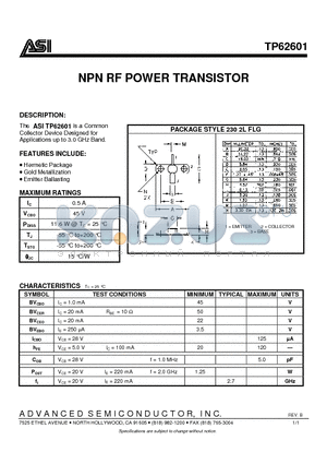 TP62601 datasheet - NPN RF POWER TRANSISTOR