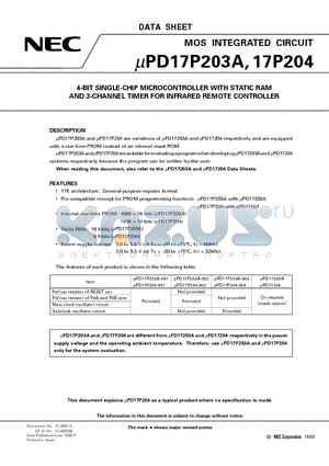 UPD17P203AGC-002-3BH datasheet - 4-BIT SINGLE-CHIP MICROCONTROLLER WITH STATIC RAM AND 3-CHANNEL TIMER FOR INFRARED REMOTE CONTROLLER