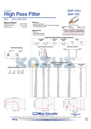 SHP-100+ datasheet - High Pass Filter 50Y 90 to 2000 MHz