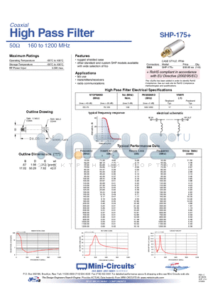 SHP-175+ datasheet - High Pass Filter 50Y 160 to 1200 MHz