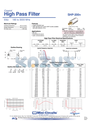 SHP-200 datasheet - High Pass Filter 50Y 185 to 3000 MHz