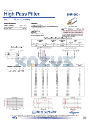 SHP-200+ datasheet - High Pass Filter 50Y 185 to 3000 MHz