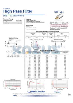SHP-25 datasheet - High Pass Filter 50Y 27.5 to 800 MHz
