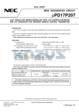 UPD17P207 datasheet - 4-BIT SINGLE-CHIP MICROCONTROLLER WITH LCD CONTROLLER/DRIVER AND A/D CONVERTER FOR INFRARED REMOTE CONTROL TRANSMITTER